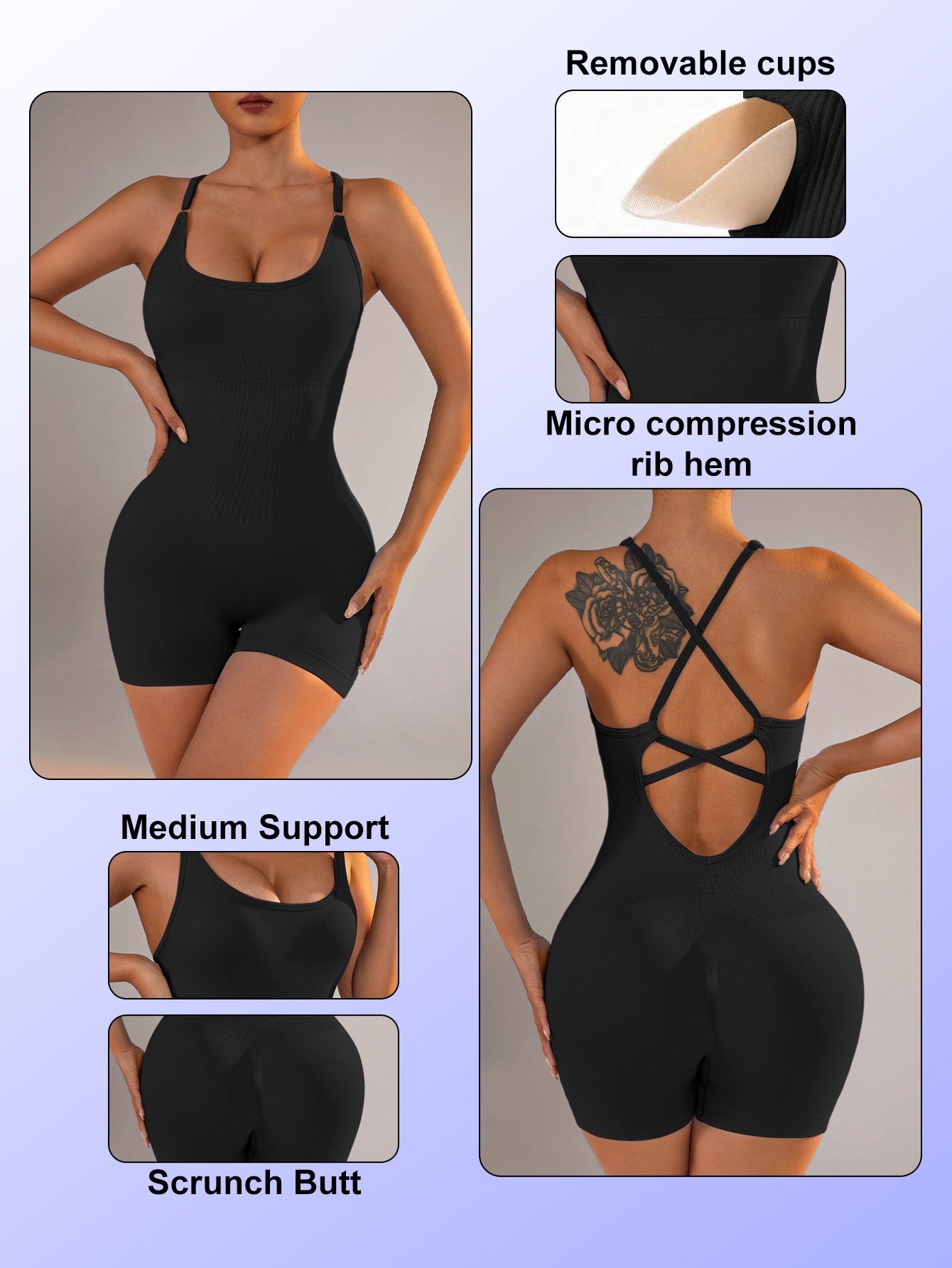 Black Nylon Seamless Yoga Bodysuit - Women's Athletic Romper, Crisscross Back, Workout Jumpsuit