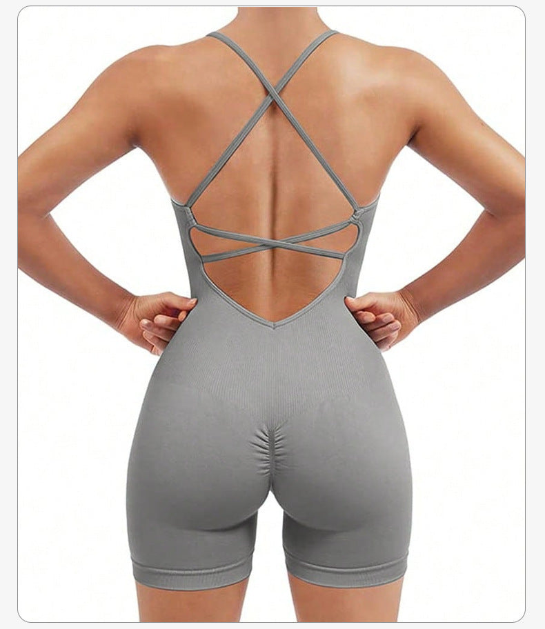 Light Grey Nylon Seamless Yoga Bodysuit - Women's Athletic Romper, Crisscross Back, Workout Jumpsuit