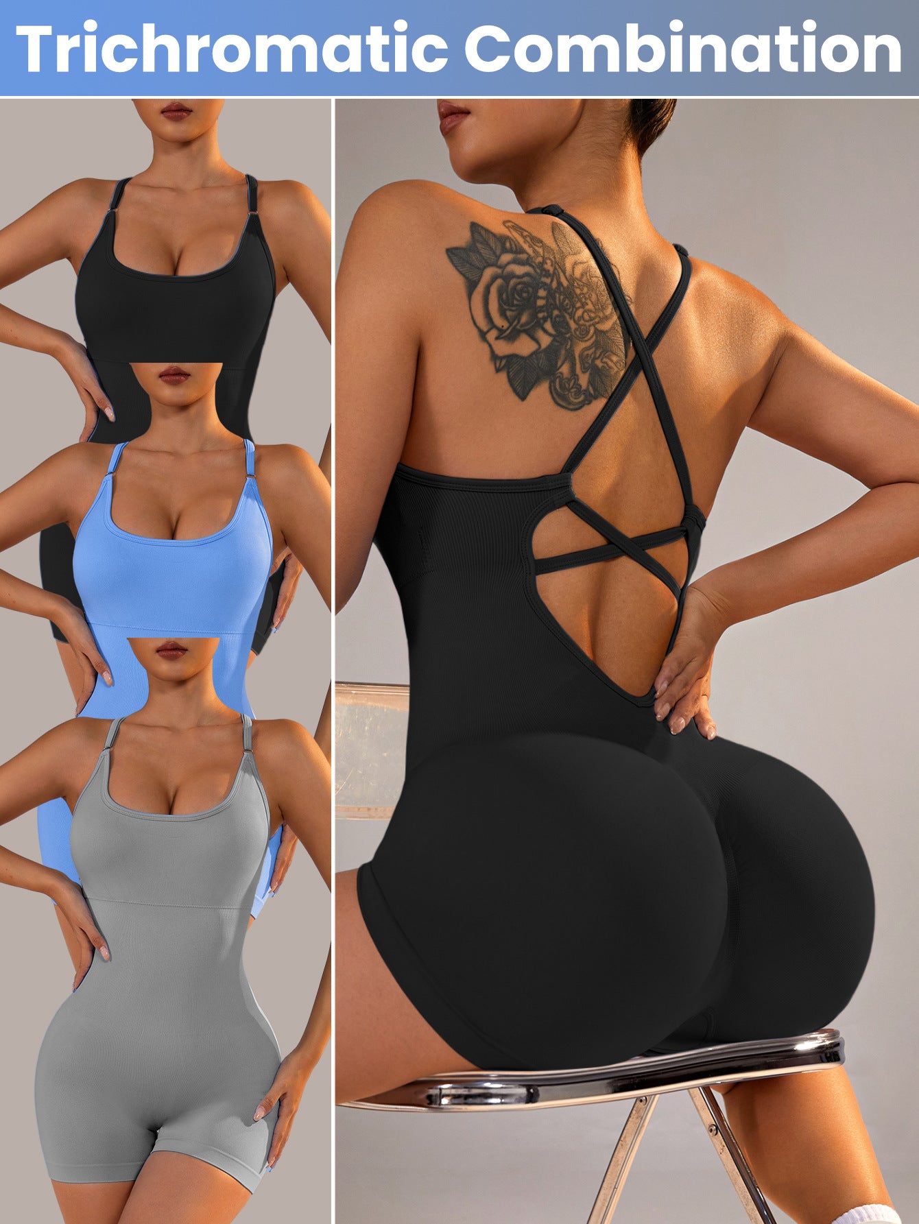 Light Grey Nylon Seamless Yoga Bodysuit - Women's Athletic Romper, Crisscross Back, Workout Jumpsuit
