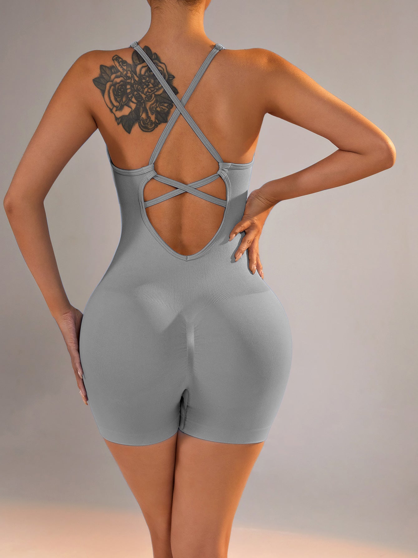 Light Grey Nylon Seamless Yoga Bodysuit - Women's Athletic Romper, Crisscross Back, Workout Jumpsuit