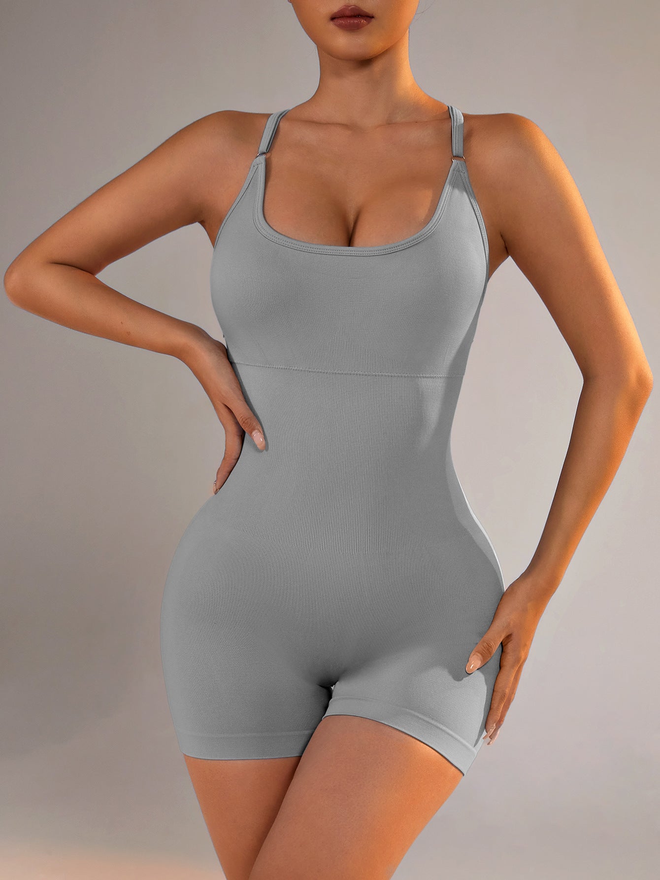 Light Grey Nylon Seamless Yoga Bodysuit - Women's Athletic Romper, Crisscross Back, Workout Jumpsuit