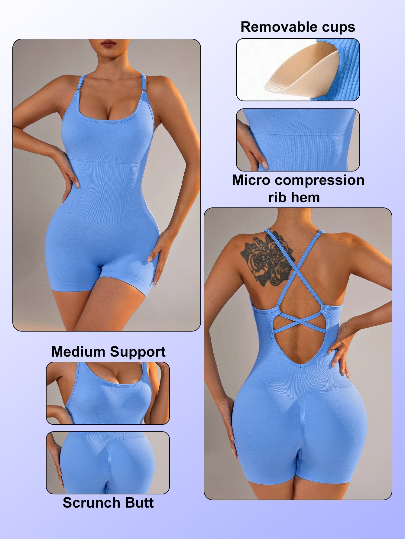 Light Blue Nylon Seamless Yoga Bodysuit - Women's Athletic Romper, Crisscross Back, Workout Jumpsuit
