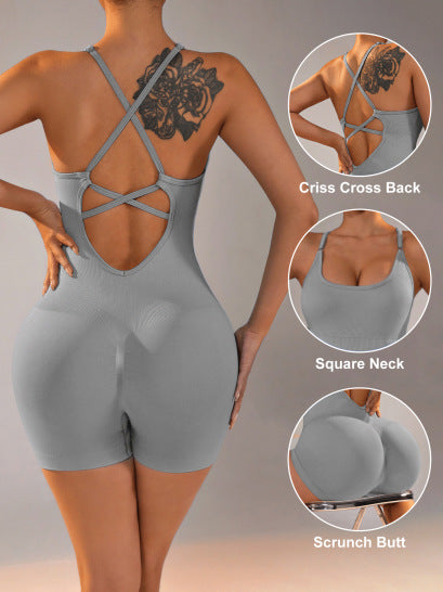 Light Grey Nylon Seamless Yoga Bodysuit - Women's Athletic Romper, Crisscross Back, Workout Jumpsuit