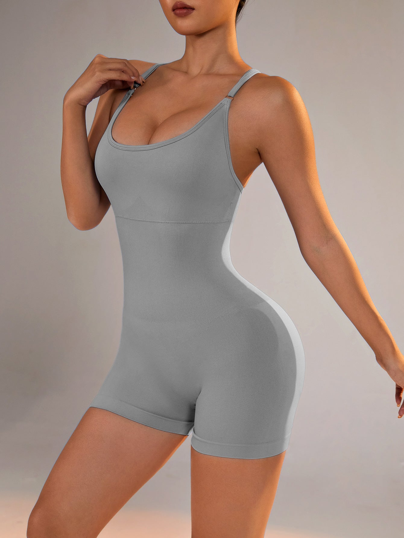 Light Grey Nylon Seamless Yoga Bodysuit - Women's Athletic Romper, Crisscross Back, Workout Jumpsuit